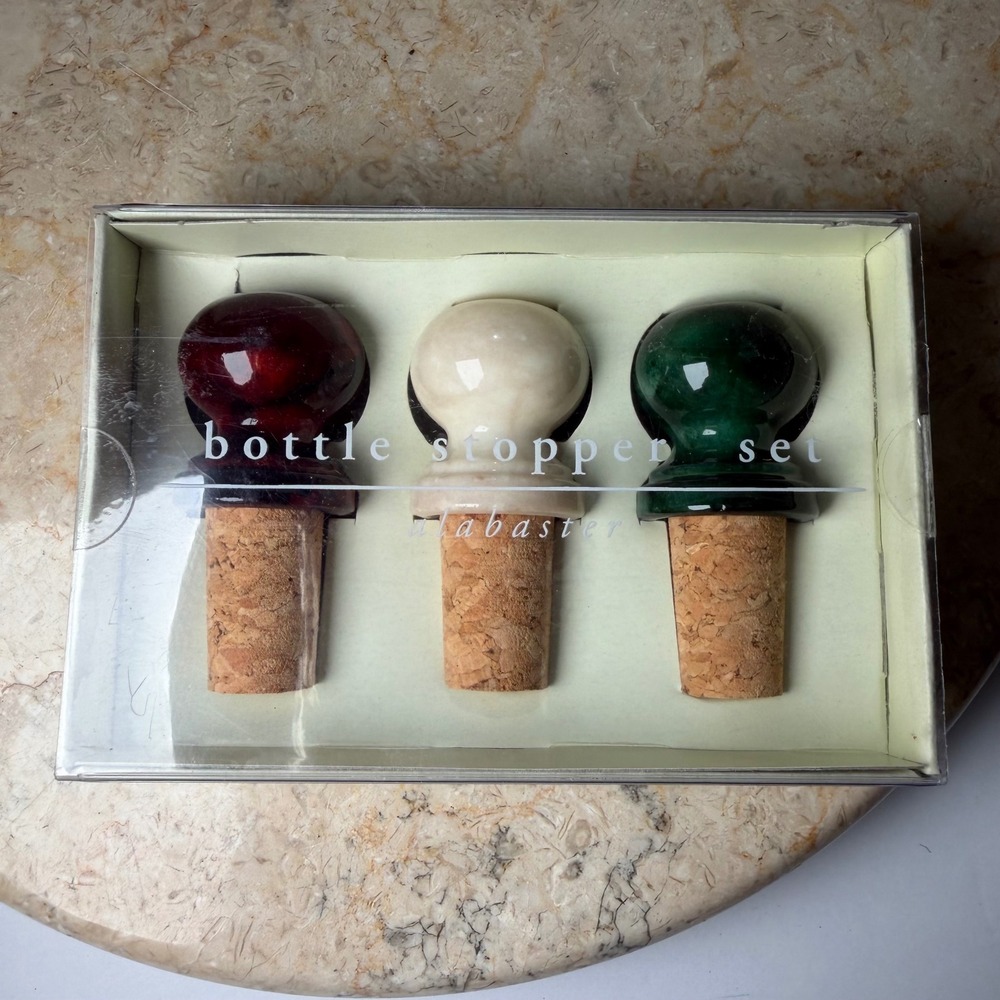 Pier 1 Imports Alabaster Bottle Stopper Set Multicolor Stone Cork Italy 3pc